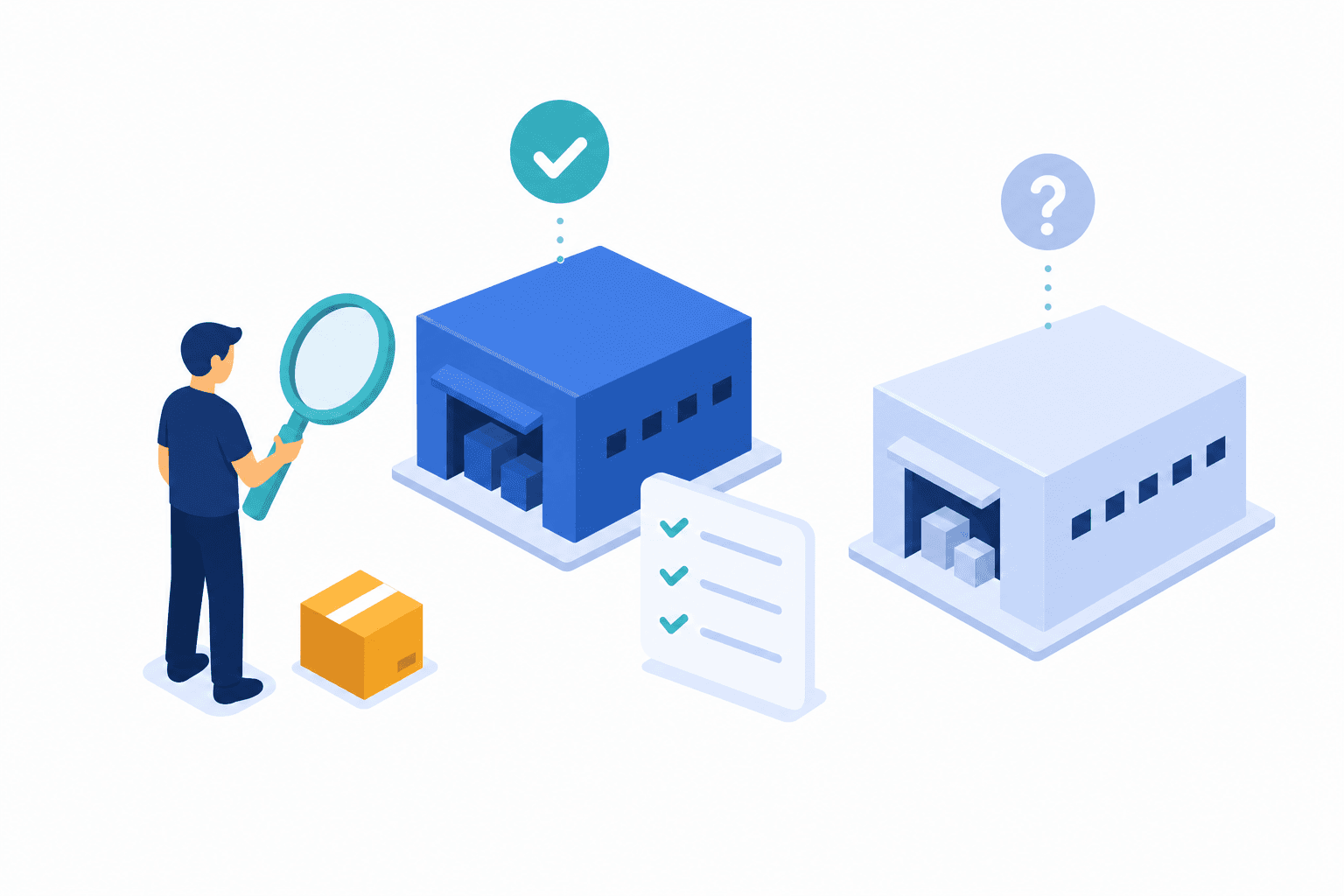 Illustration of a seller with a magnifying glass comparing two prep center warehouses against a checklist