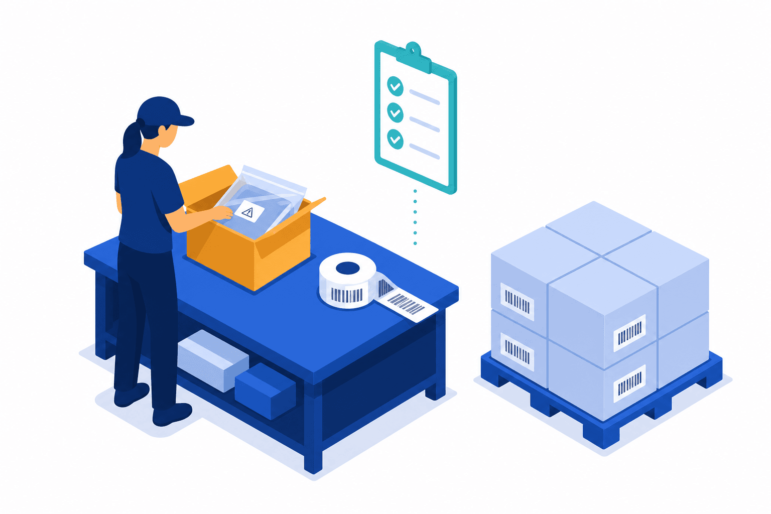 Illustration of a worker prepping a poly-bagged product with barcode labels beside a checklist and a finished pallet